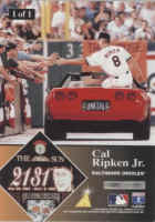 Back of 1996 PinnacleCard number CR1 Cal Ripken Tribute